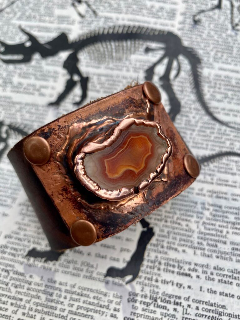 Leather Bracelet with a Copper Electroformed Laguna Agate