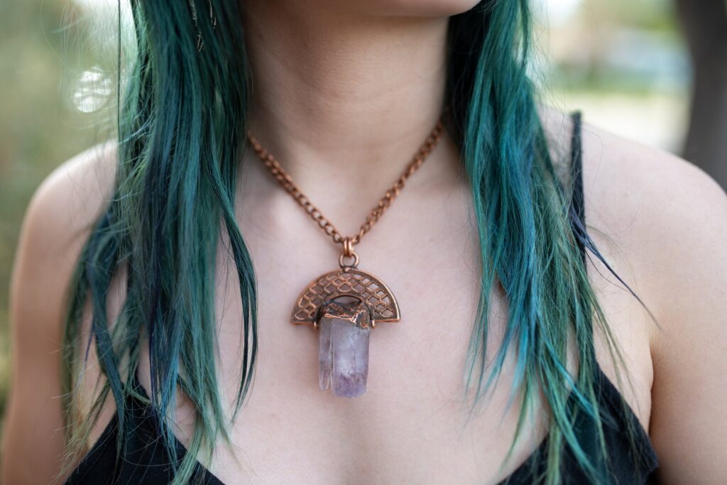 Rare - Eformed Raw Amethyst Crystal Pendant - Handmade - Copper Necklace