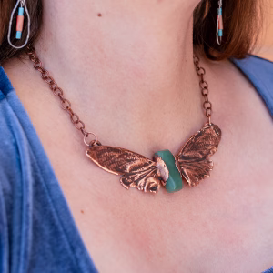 Hnadmade Electroformed Cicada Aventurine Coffin Pendant Necklace
