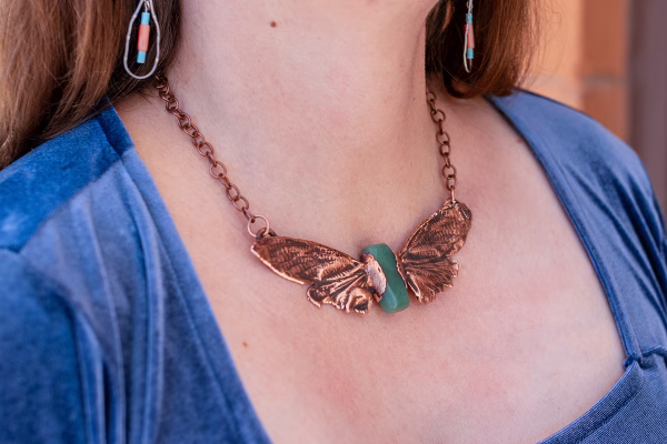Hnadmade Electroformed Cicada Aventurine Coffin Pendant Necklace