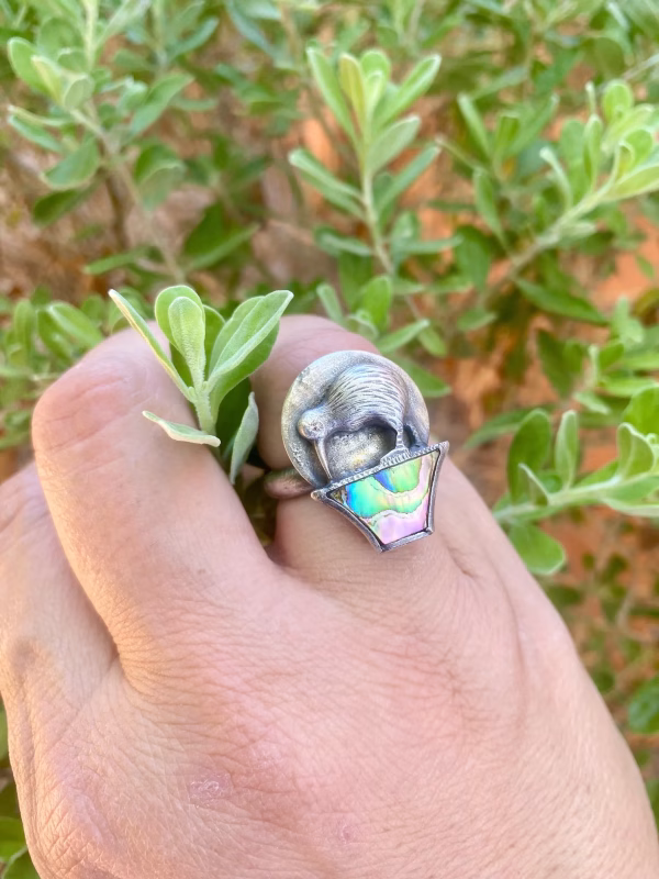 Handmade Sterling Silver Ring with Kiwi and Abalone Size 7