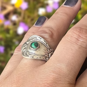 vintage silver plate spoon ring with malachite