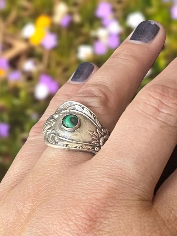 vintage silver plate spoon ring with malachite