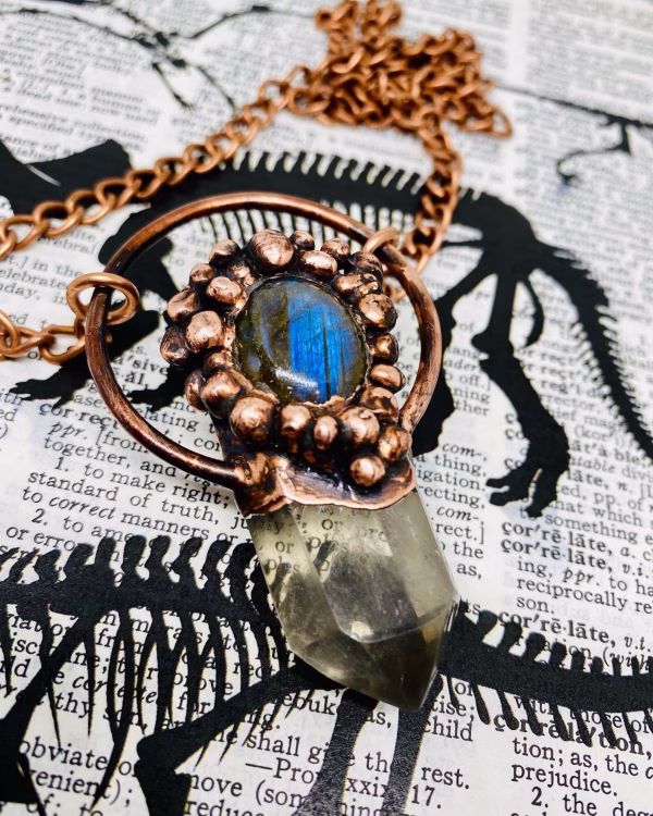 Handmade Jewelry with an Electroformed Quartz Crystal Pendant with a Labradorite stone