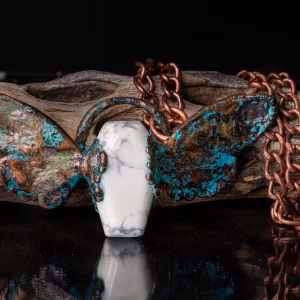 Handmade Copper Electroformed Cicada Pendant White Turquoise Cabochon Necklace