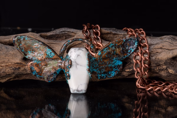 Handmade Copper Electroformed Cicada Pendant White Turquoise Cabochon Necklace