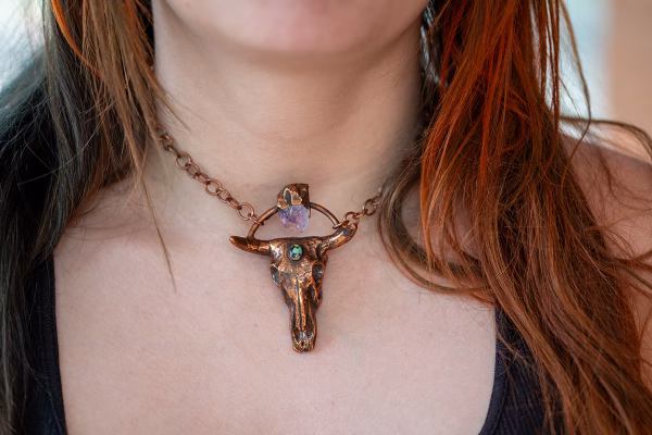 Electroformed Copper Steer with Turquoise and Amethyst